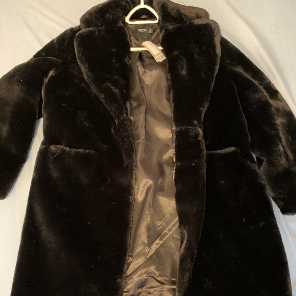 NastyGal Faux Fur Midi coat size 16, Black *NWT*